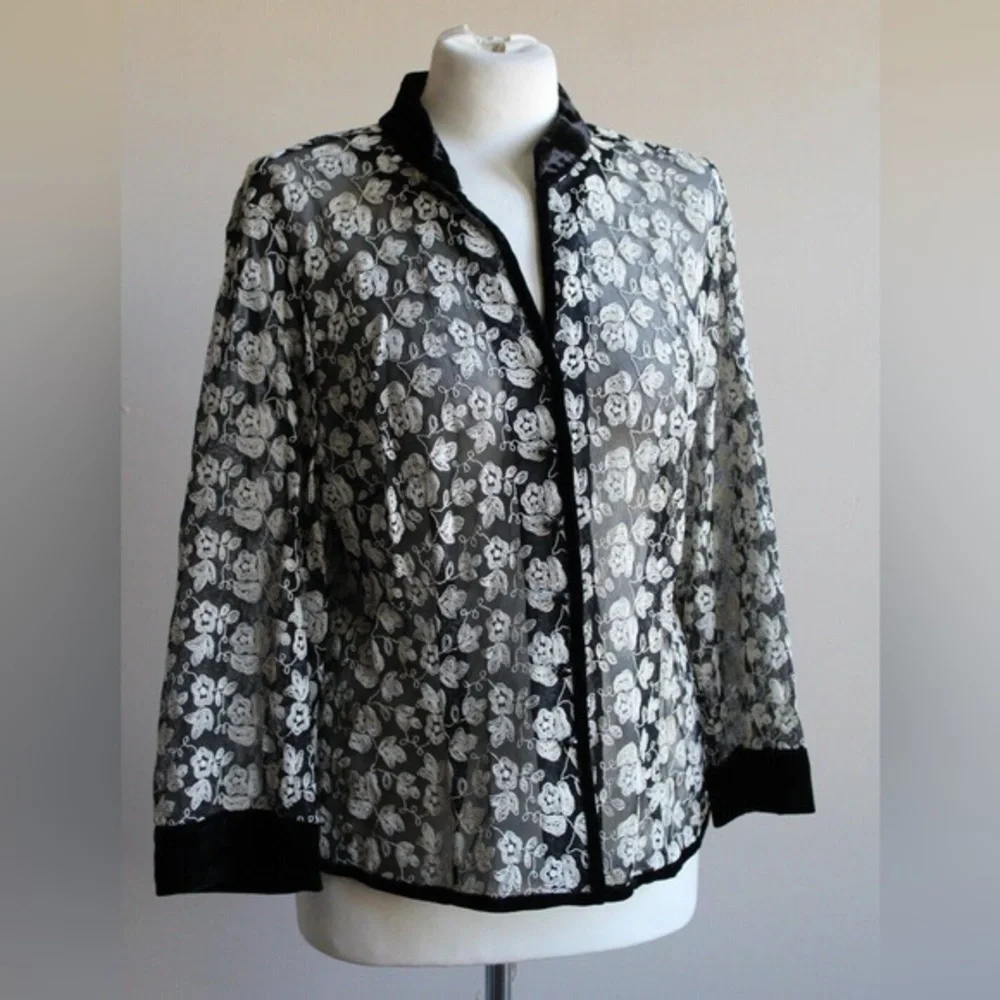 Talbots Embroidered‎ Velvet Trim formal Jacket semi-sheer Button Front